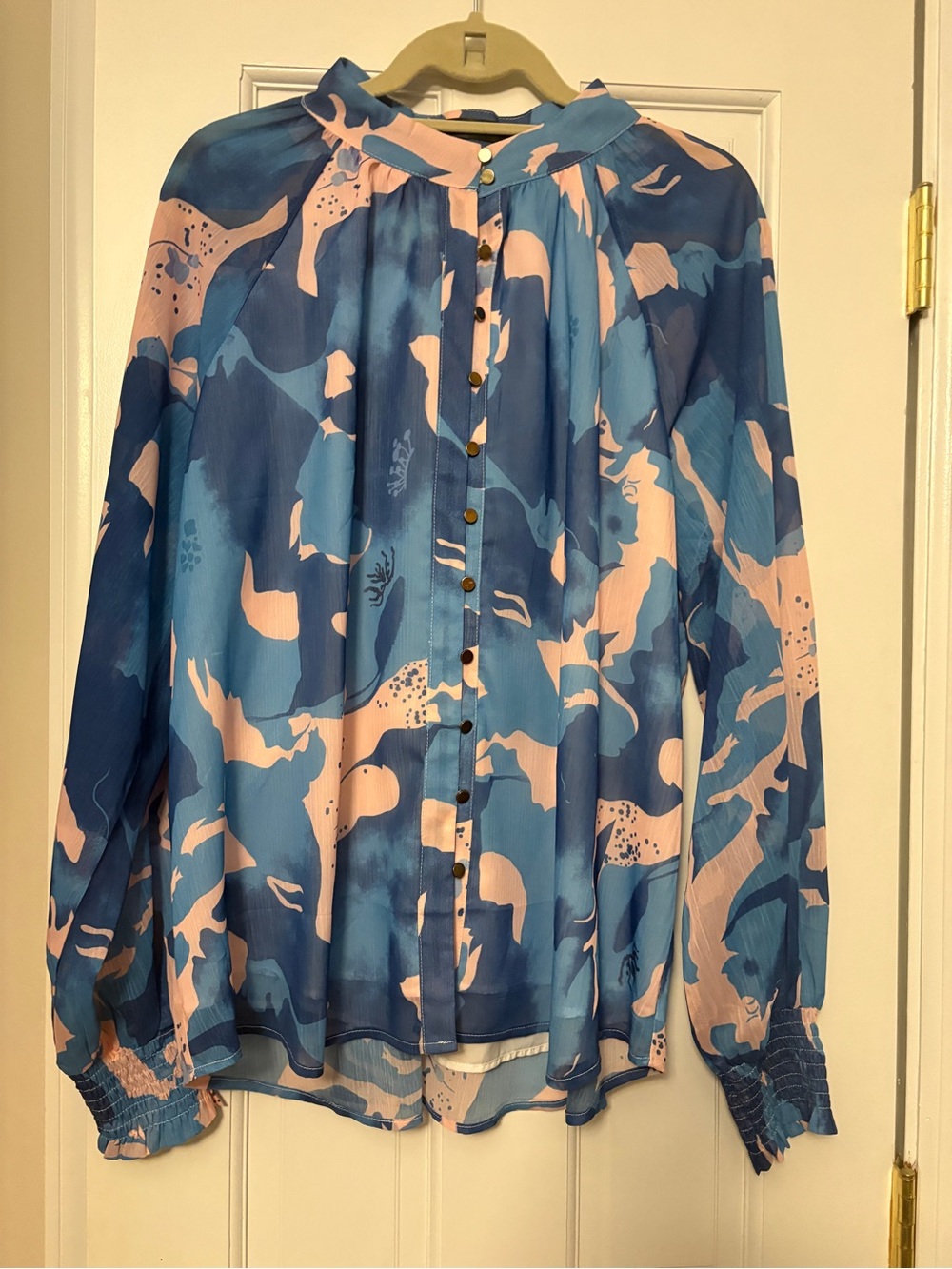 Abstract Blue & Pink Long-Sleeve Button Blouse